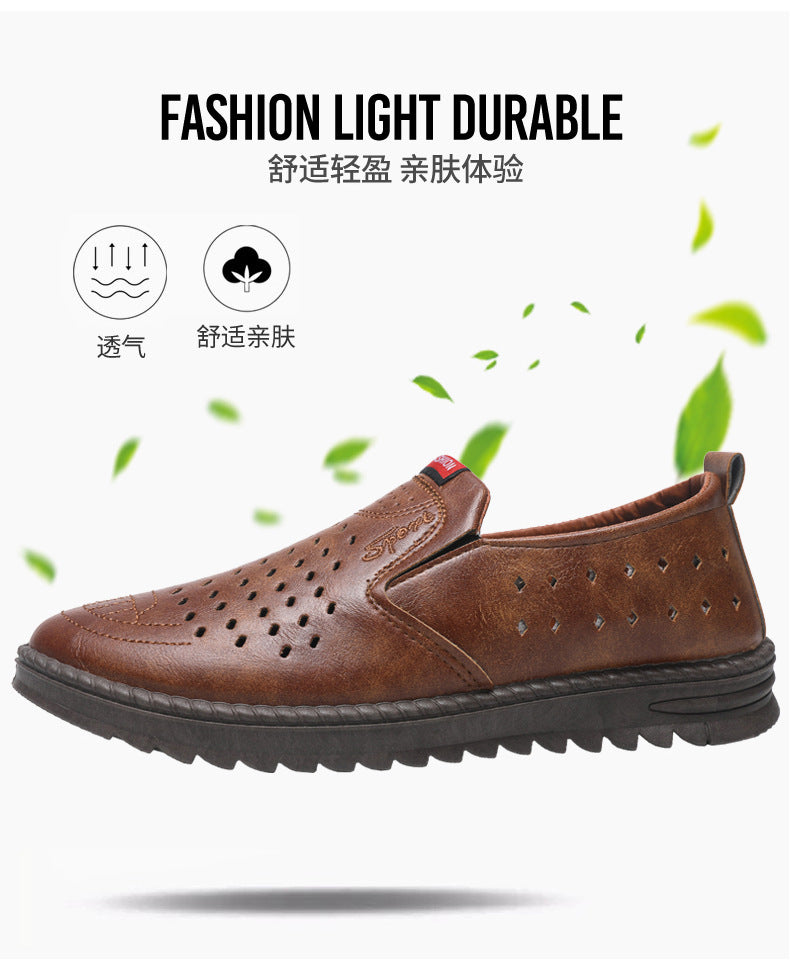 Men’s Breathable Leather Slip-On Shoes – Hollow-Out Perforated Summer Business Casual Loafers, Soft & Comfortable Low-Top Footwear