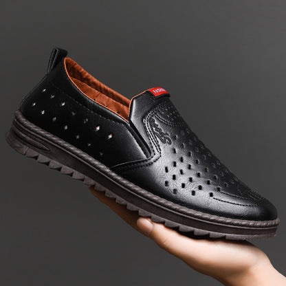 Men’s Breathable Leather Slip-On Shoes – Hollow-Out Perforated Summer Business Casual Loafers, Soft & Comfortable Low-Top Footwear