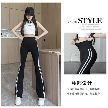 Plus Size Shark Bell Bottoms Spring Pants Women's Outer Wear Boot-Cut Pants Shark Pants High Waist Slim Side White Striped Women's Pants