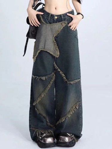 Cross-border Spring and Autumn American Retro Star Jeans Women's Multi-pocket Strap High Street Loose Straight Tooling Jeans