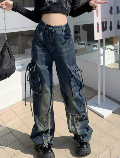 Cross-border Spring and Autumn American Retro Star Jeans Women's Multi-pocket Strap High Street Loose Straight Tooling Jeans