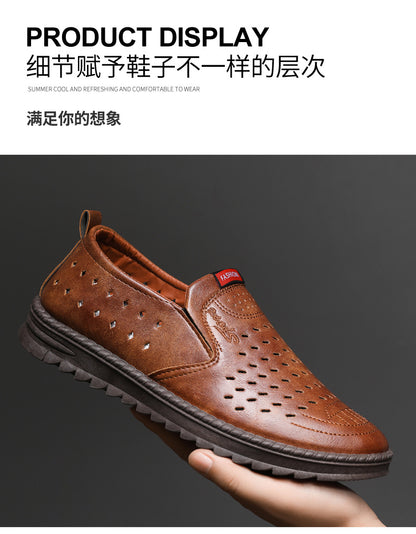 Men’s Breathable Leather Slip-On Shoes – Hollow-Out Perforated Summer Business Casual Loafers, Soft & Comfortable Low-Top Footwear