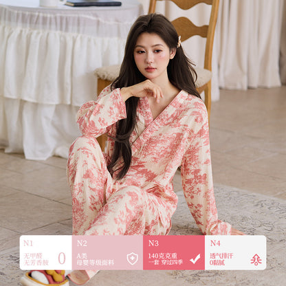 New Chinoiserie Pure Cotton Double-Layer Cotton Gauze Women's Pajamas Spring, Autumn and Summer Thin Long-Sleeved Lace-Up Home Clothes Set
