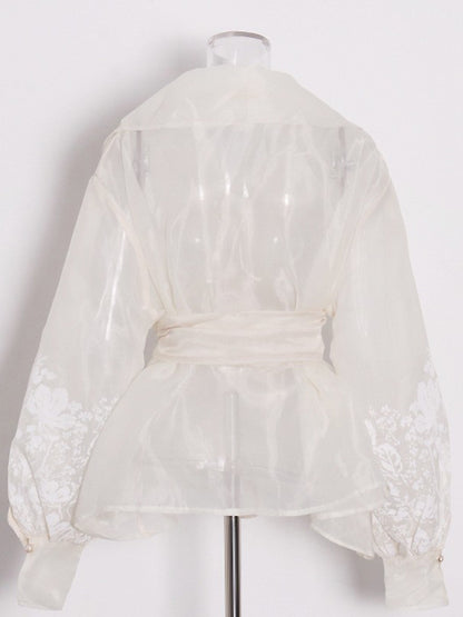 French-Style Elegant Printed Blouse 2026 Summer New Organza Large Lapel Lantern Sleeve Waist-Cinching Tie Shirt for Women