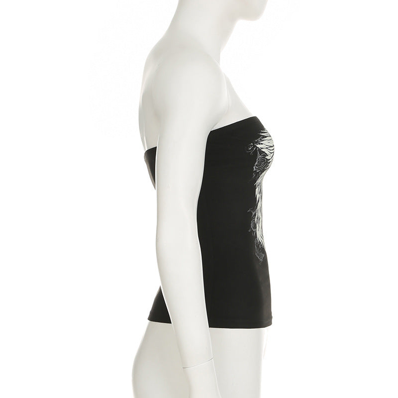 Women’s Y2K Wings Print Tube Top – Dark Retro Contrast Color Slim-Fit Fashion Crop Top