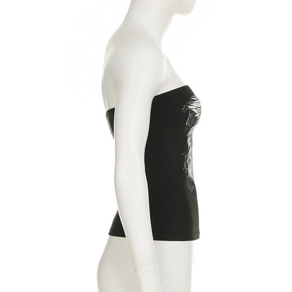 Women’s Y2K Wings Print Tube Top – Dark Retro Contrast Color Slim-Fit Fashion Crop Top
