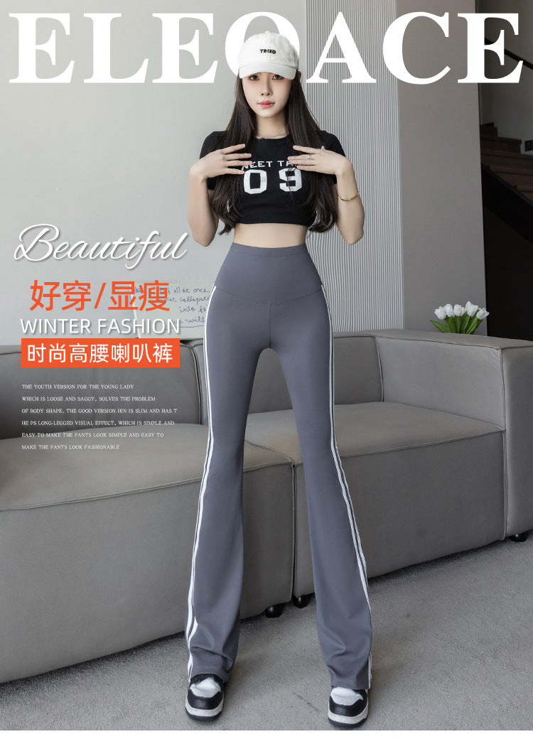 Plus Size Shark Bell Bottoms Spring Pants Women's Outer Wear Boot-Cut Pants Shark Pants High Waist Slim Side White Striped Women's Pants