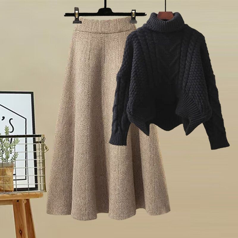 Autumn and Winter Women's Suit 2025 New Design High-Neck Knitted Sweater and Slimming Skirt Two-Piece Set