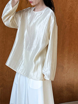 Luxi profile stacked stand collar deep V-neck white shirt Women's lazy batwing sleeve elegant large commuter shirt 9618