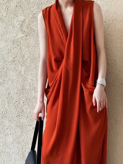 Luxi Elegant V-neck Sleeveless Kink Waist dress Women's Slimming Irregular High-end Hong Kong-style Long Skirt 3985