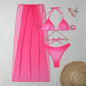 2025 European and American New Gradient Mesh Long Skirt Drawstring Strap Bikini Bikini Three-Piece Swimsuit Cross-Border