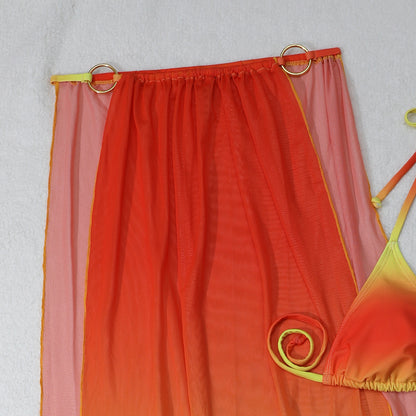 2025 European and American New Gradient Mesh Long Skirt Drawstring Strap Bikini Bikini Three-Piece Swimsuit Cross-Border
