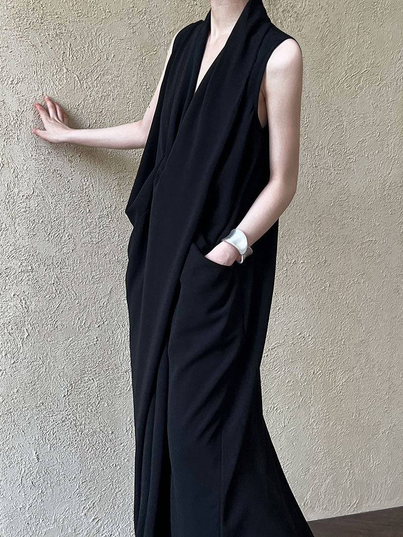 Luxi Elegant V-neck Sleeveless Kink Waist dress Women's Slimming Irregular High-end Hong Kong-style Long Skirt 3985