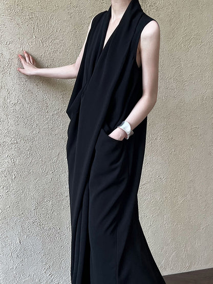 Luxi Elegant V-neck Sleeveless Kink Waist dress Women's Slimming Irregular High-end Hong Kong-style Long Skirt 3985