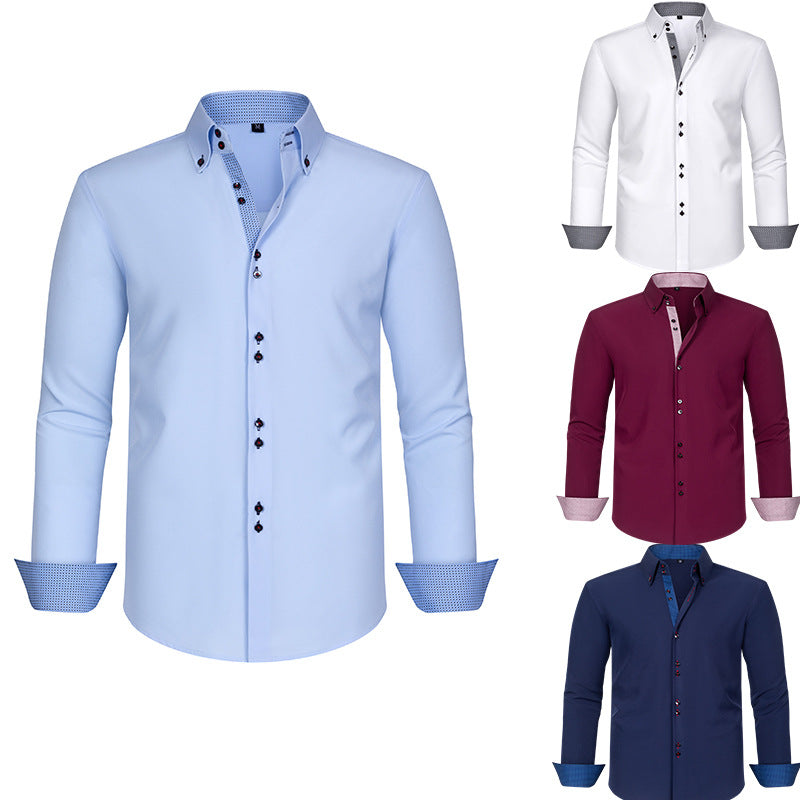 Cross-Border Four-Way Stretch Men's Shirt Polka Dot Color Matching Design Double-Breasted Shirt Men's Amazon Hot Style