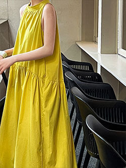 Luxi Elegant V-neck Sleeveless Kink Waist dress Women's Slimming Irregular High-end Hong Kong-style Long Skirt 3985