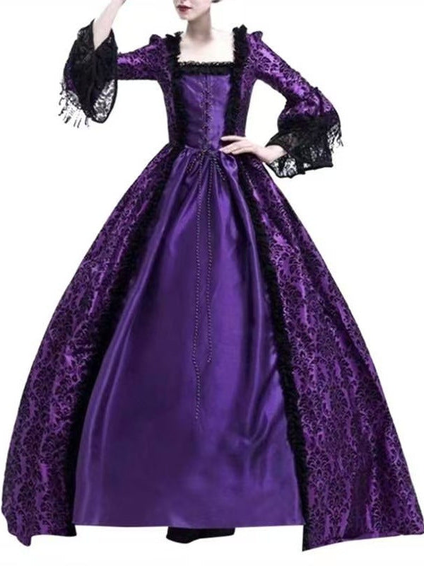 New Large Size Retro Palace Medieval Dress with Lace Splicing and Bell Sleeves for Women's Stage Performance, in Stock