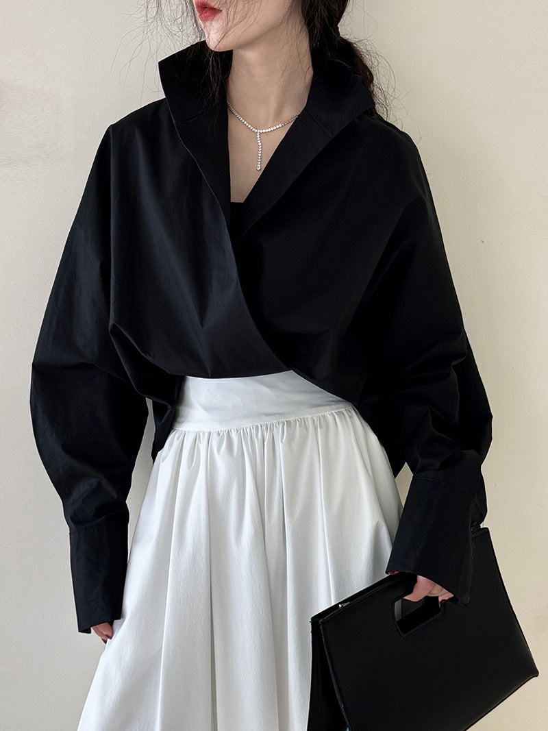 Luxi profile stacked stand collar deep V-neck white shirt Women's lazy batwing sleeve elegant large commuter shirt 9618