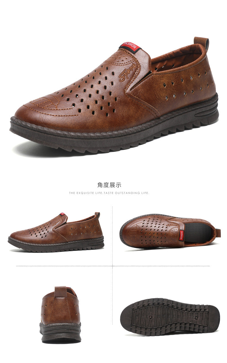 Men’s Breathable Leather Slip-On Shoes – Hollow-Out Perforated Summer Business Casual Loafers, Soft & Comfortable Low-Top Footwear