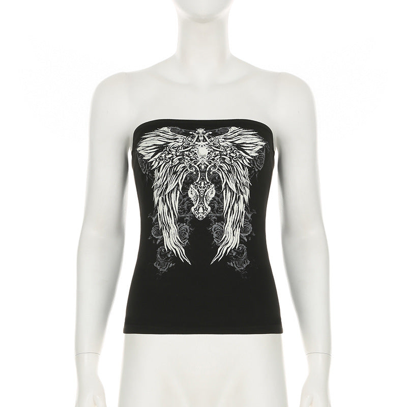 Women’s Y2K Wings Print Tube Top – Dark Retro Contrast Color Slim-Fit Fashion Crop Top