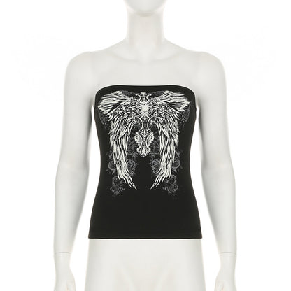 Women’s Y2K Wings Print Tube Top – Dark Retro Contrast Color Slim-Fit Fashion Crop Top