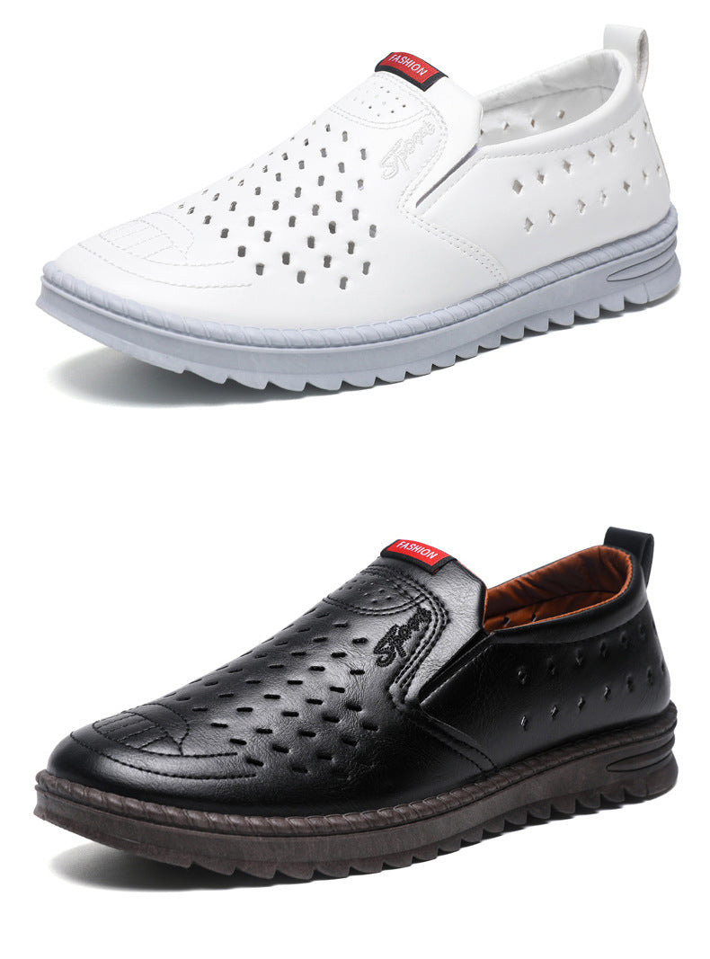 Men’s Breathable Leather Slip-On Shoes – Hollow-Out Perforated Summer Business Casual Loafers, Soft & Comfortable Low-Top Footwear