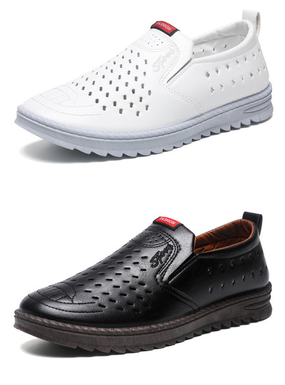 Men’s Breathable Leather Slip-On Shoes – Hollow-Out Perforated Summer Business Casual Loafers, Soft & Comfortable Low-Top Footwear