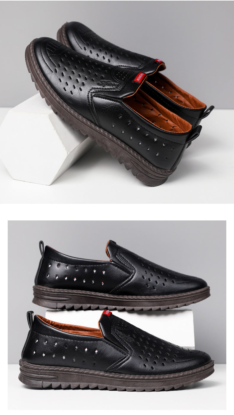 Men’s Breathable Leather Slip-On Shoes – Hollow-Out Perforated Summer Business Casual Loafers, Soft & Comfortable Low-Top Footwear