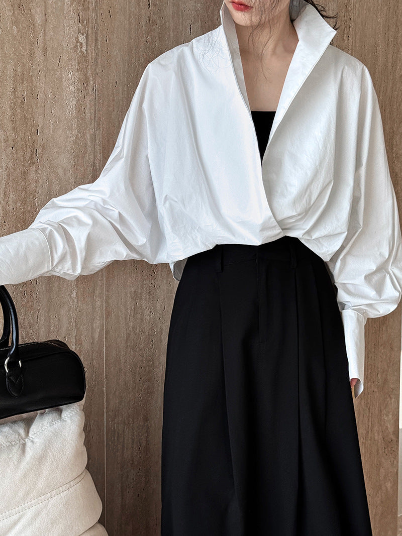 Luxi profile stacked stand collar deep V-neck white shirt Women's lazy batwing sleeve elegant large commuter shirt 9618