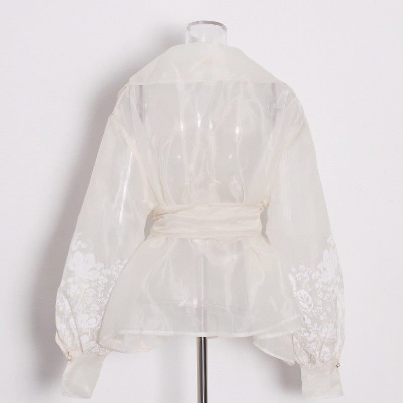 French-Style Elegant Printed Blouse 2026 Summer New Organza Large Lapel Lantern Sleeve Waist-Cinching Tie Shirt for Women