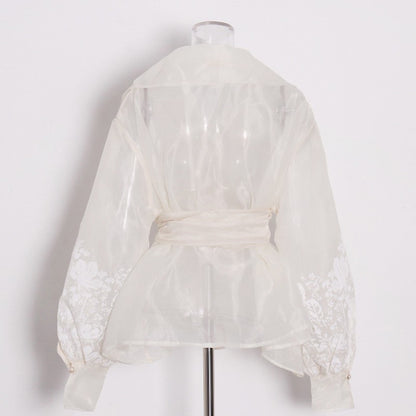 French-Style Elegant Printed Blouse 2026 Summer New Organza Large Lapel Lantern Sleeve Waist-Cinching Tie Shirt for Women