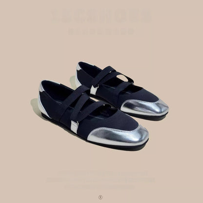 Spring and Autumn Shallow Square-Toe Flat Shoes for Women, 2026 New Model Mary Jane Ballet Shoes with Elastic Band, Silver Soft-Soled Single Shoes