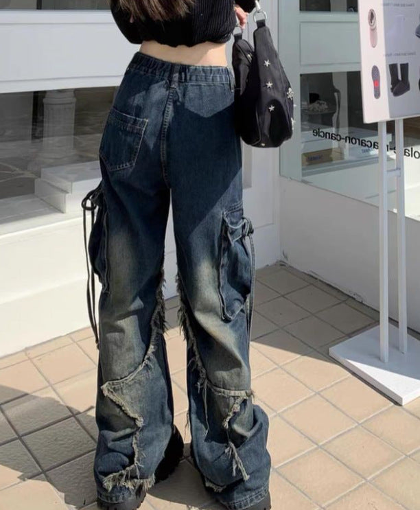 Cross-border Spring and Autumn American Retro Star Jeans Women's Multi-pocket Strap High Street Loose Straight Tooling Jeans