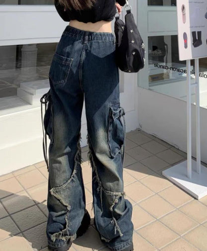 Cross-border Spring and Autumn American Retro Star Jeans Women's Multi-pocket Strap High Street Loose Straight Tooling Jeans