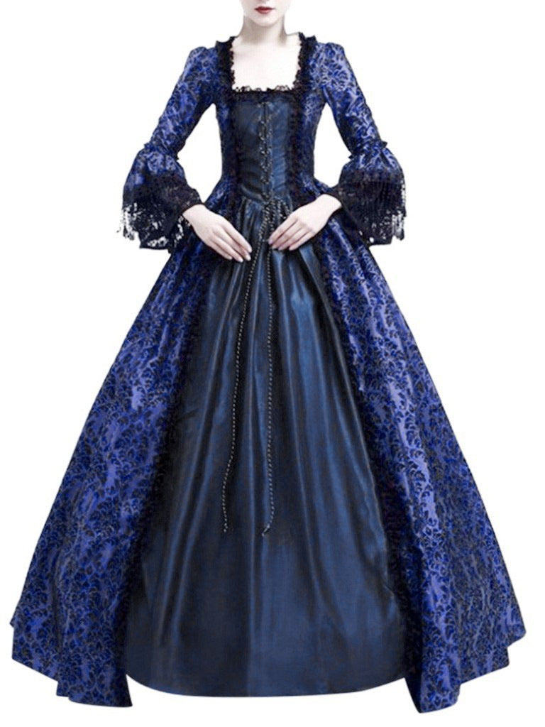 New Large Size Retro Palace Medieval Dress with Lace Splicing and Bell Sleeves for Women's Stage Performance, in Stock