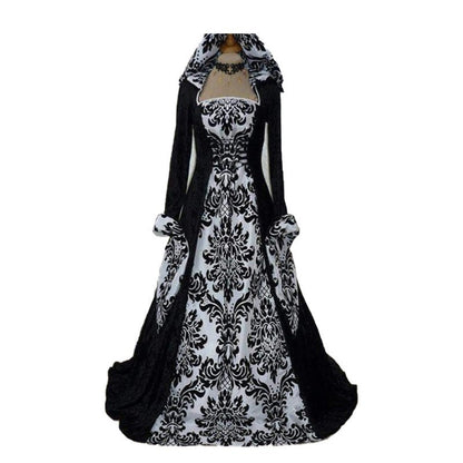 Special Big Sale - Retro Medieval Printed Long Dress Victorian Hooded Dress Stage Performance Costume
