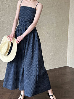 Luxi Elegant V-neck Sleeveless Kink Waist dress Women's Slimming Irregular High-end Hong Kong-style Long Skirt 3985