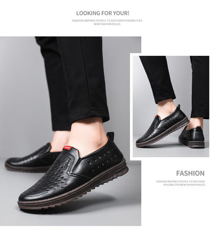 Men’s Breathable Leather Slip-On Shoes – Hollow-Out Perforated Summer Business Casual Loafers, Soft & Comfortable Low-Top Footwear