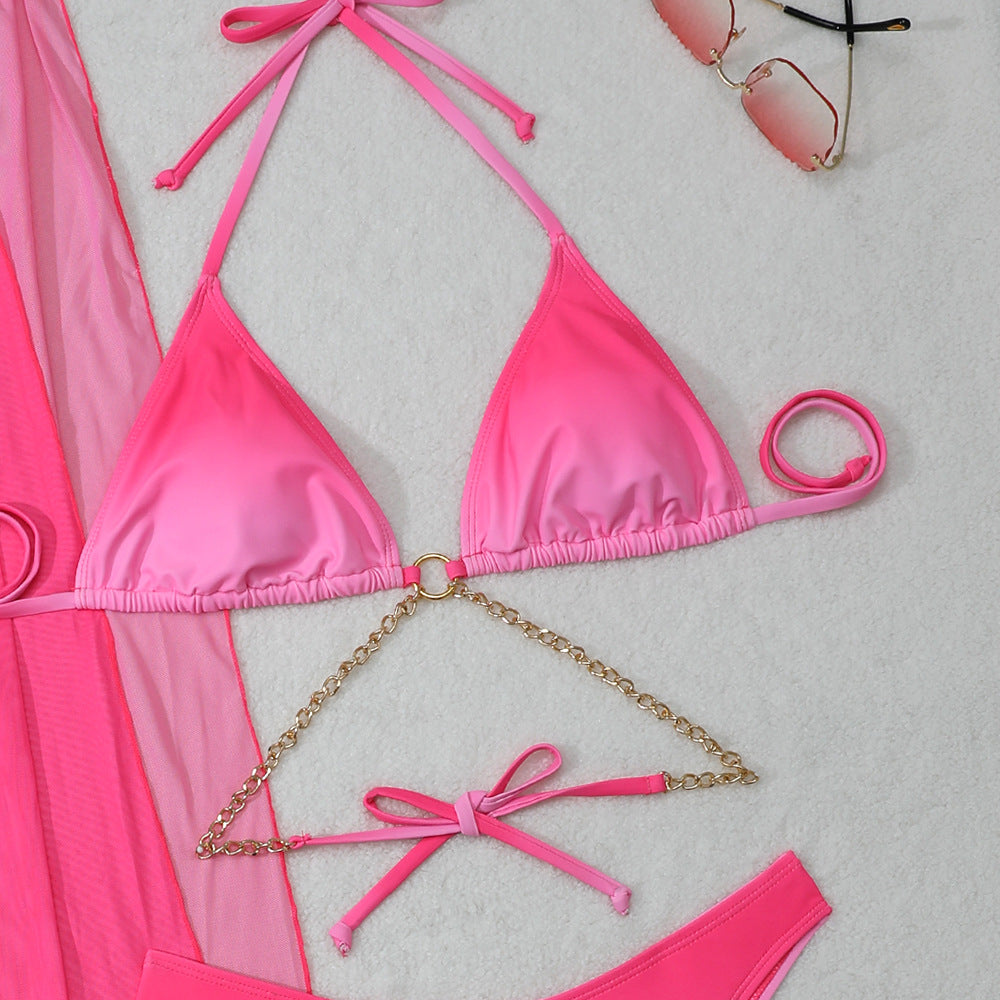 2025 European and American New Gradient Mesh Long Skirt Drawstring Strap Bikini Bikini Three-Piece Swimsuit Cross-Border