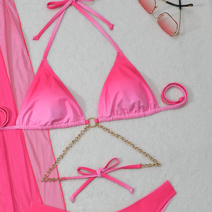 2025 European and American New Gradient Mesh Long Skirt Drawstring Strap Bikini Bikini Three-Piece Swimsuit Cross-Border