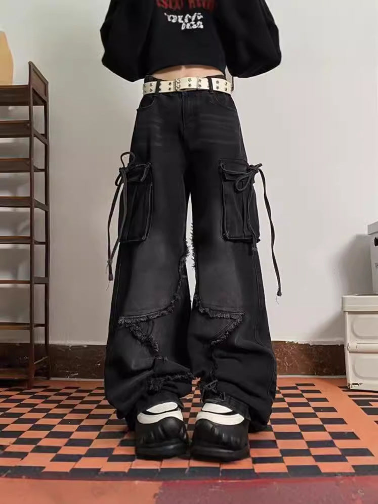 Cross-border Spring and Autumn American Retro Star Jeans Women's Multi-pocket Strap High Street Loose Straight Tooling Jeans
