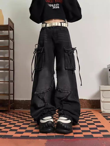 Cross-border Spring and Autumn American Retro Star Jeans Women's Multi-pocket Strap High Street Loose Straight Tooling Jeans