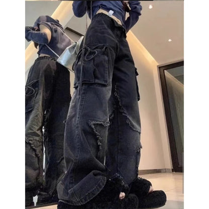 Cross-border Spring and Autumn American Retro Star Jeans Women's Multi-pocket Strap High Street Loose Straight Tooling Jeans