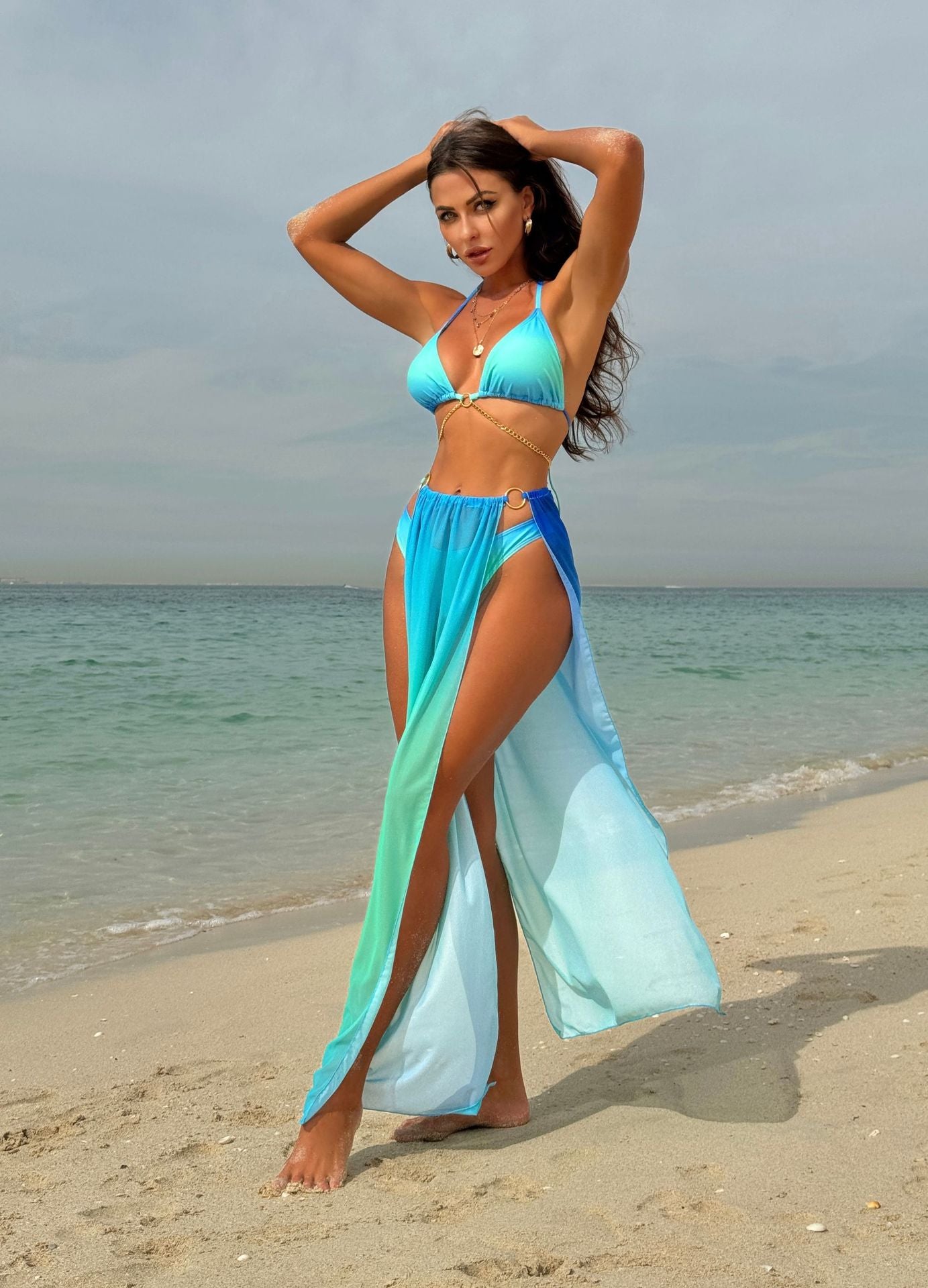 2025 European and American New Gradient Mesh Long Skirt Drawstring Strap Bikini Bikini Three-Piece Swimsuit Cross-Border