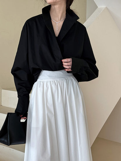Luxi profile stacked stand collar deep V-neck white shirt Women's lazy batwing sleeve elegant large commuter shirt 9618