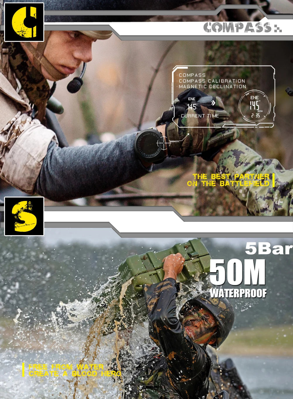 NORTH EDGE Men’s Outdoor Digital Sports Watch – Military-Style Altimeter, Barometer & Compass, 50M Waterproof