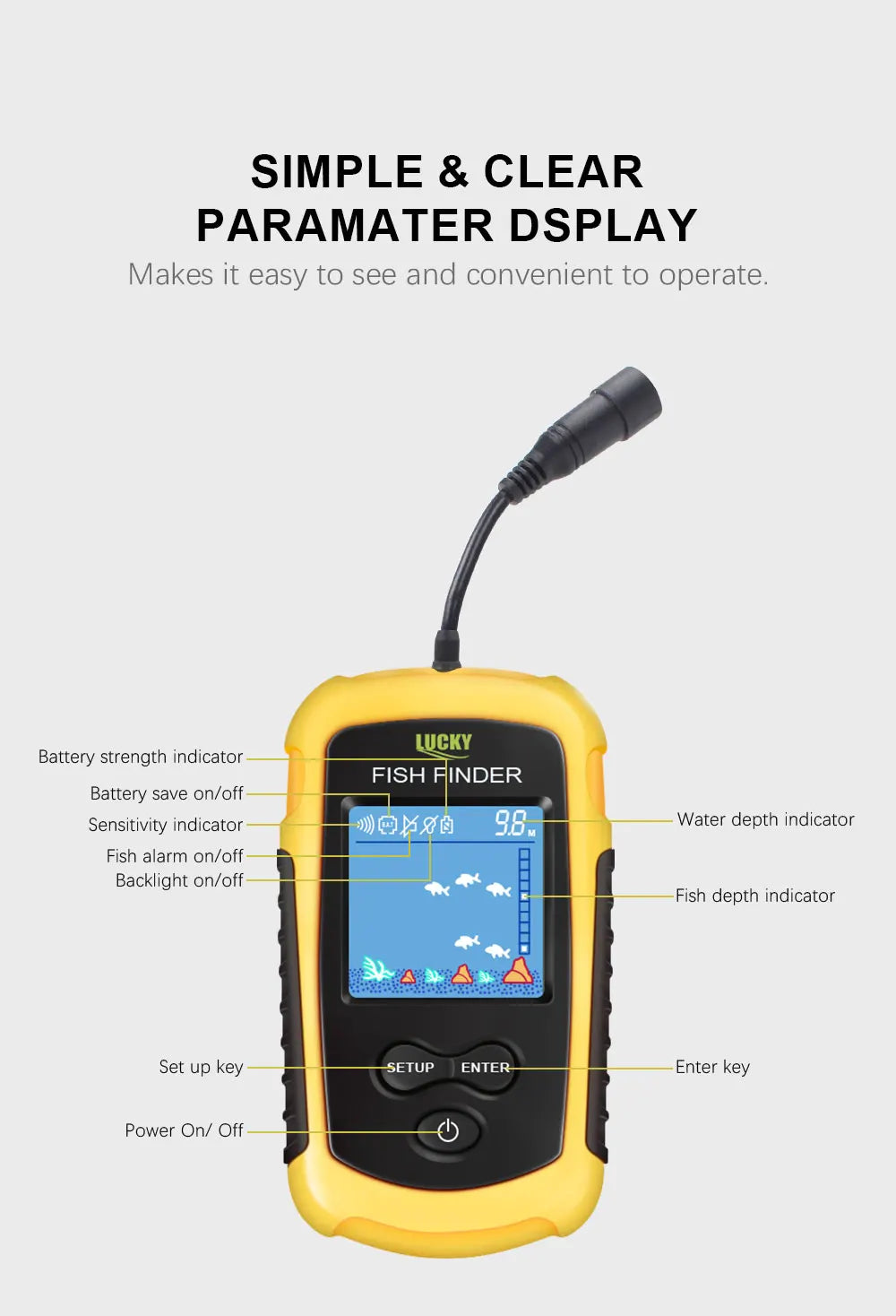 FFC1108-1 Portable Fish Finder – 100M Sonar Depth Alarm with 45° Coverage for Lake & Sea Fishing