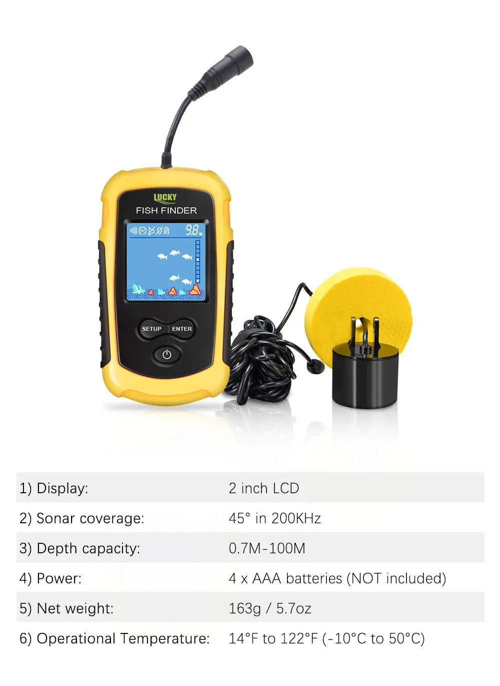FFC1108-1 Portable Fish Finder – 100M Sonar Depth Alarm with 45° Coverage for Lake & Sea Fishing