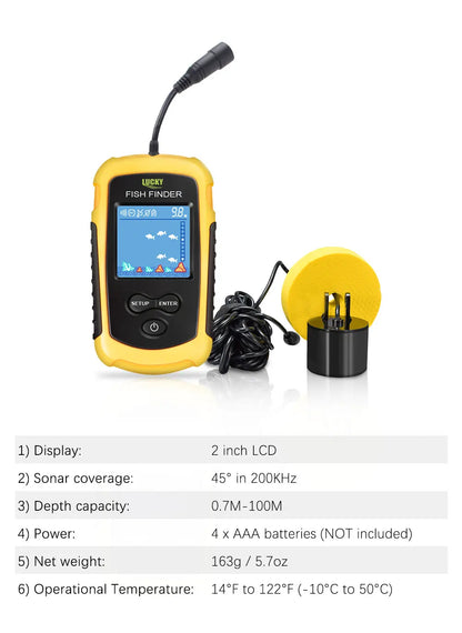 FFC1108-1 Portable Fish Finder – 100M Sonar Depth Alarm with 45° Coverage for Lake & Sea Fishing
